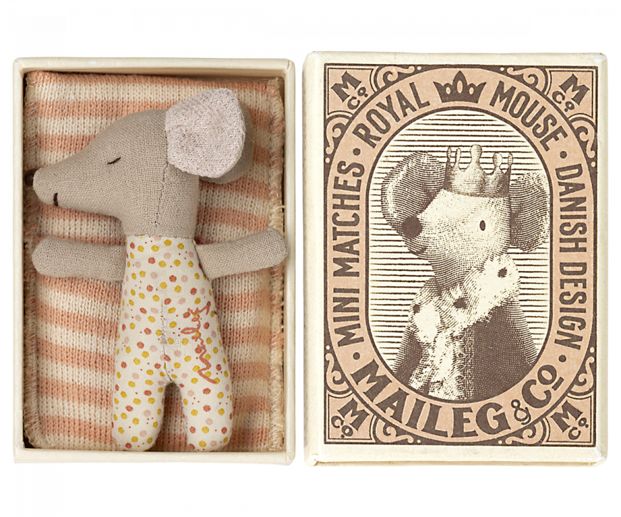 Maileg Schlaf/Wach Babymaus in Streichholzschachtel - Rose